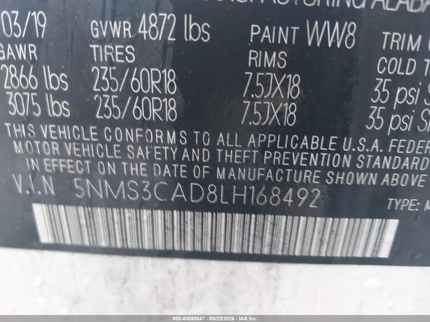 VIN 5NMS3CAD8LH168492 2020 HYUNDAI SANTA FE SEL