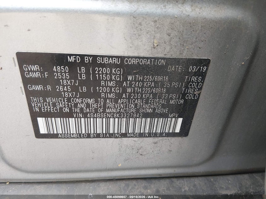 2019 SUBARU OUTBACK SPORT UTILITY VEHICLE 3.6L H-6 DOHC, VVT, 256HP