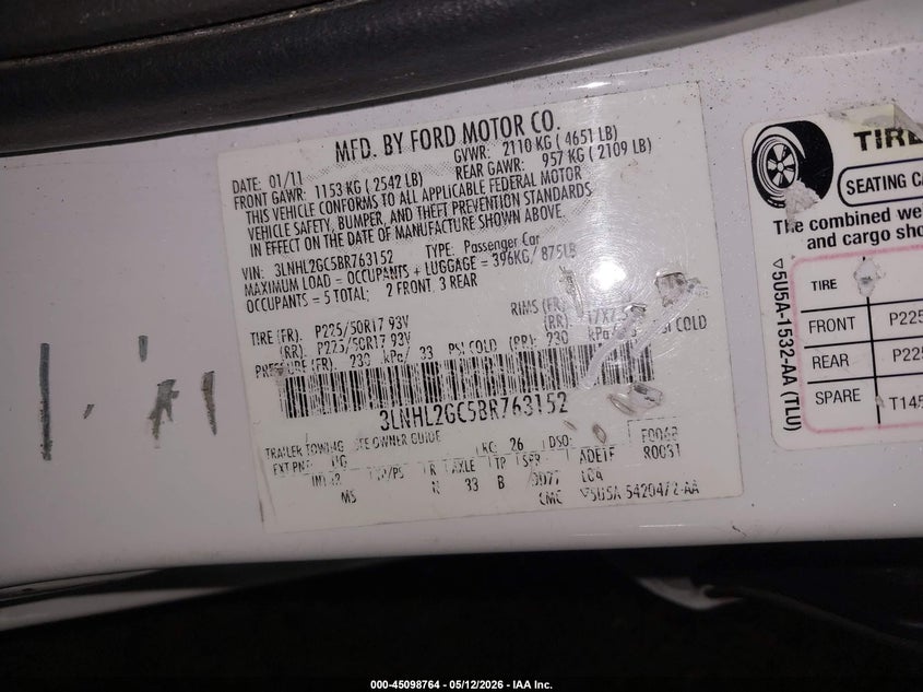 2011 LINCOLN MKZ SEDAN 3.5L V-6 DOHC, VVT, 263HP