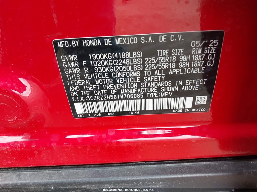 VIN 3CZRZ2H56TM706085 2026 HONDA HR-V AWD SPORT