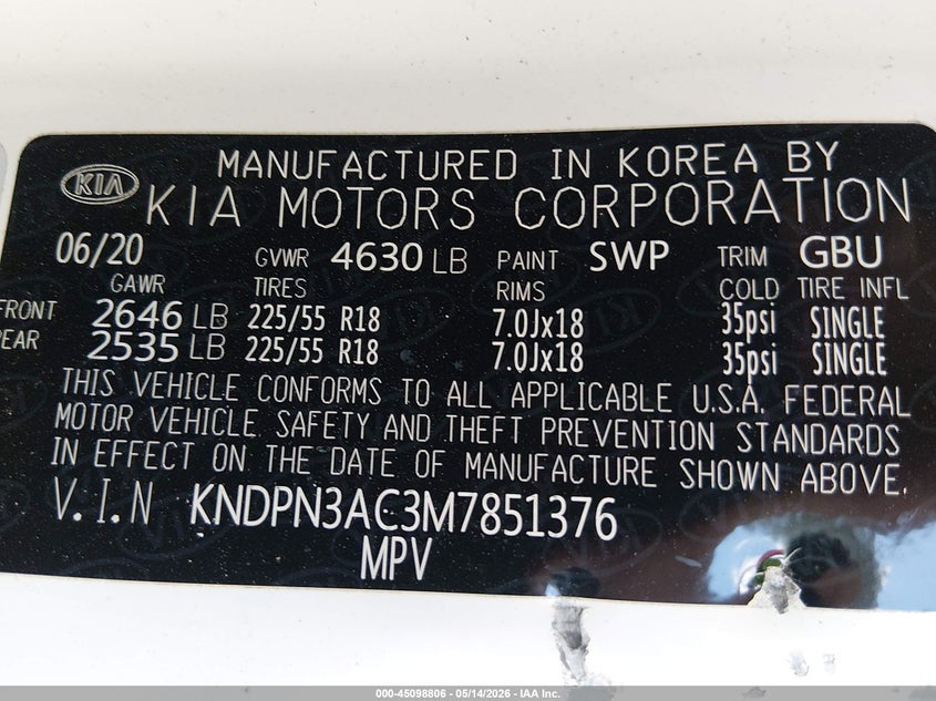 VIN KNDPN3AC3M7851376 2021 KIA SPORTAGE EX