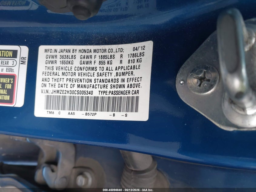 2012 Honda Insight VIN: JHMZE2H30CS005340 Lot: 45098840
