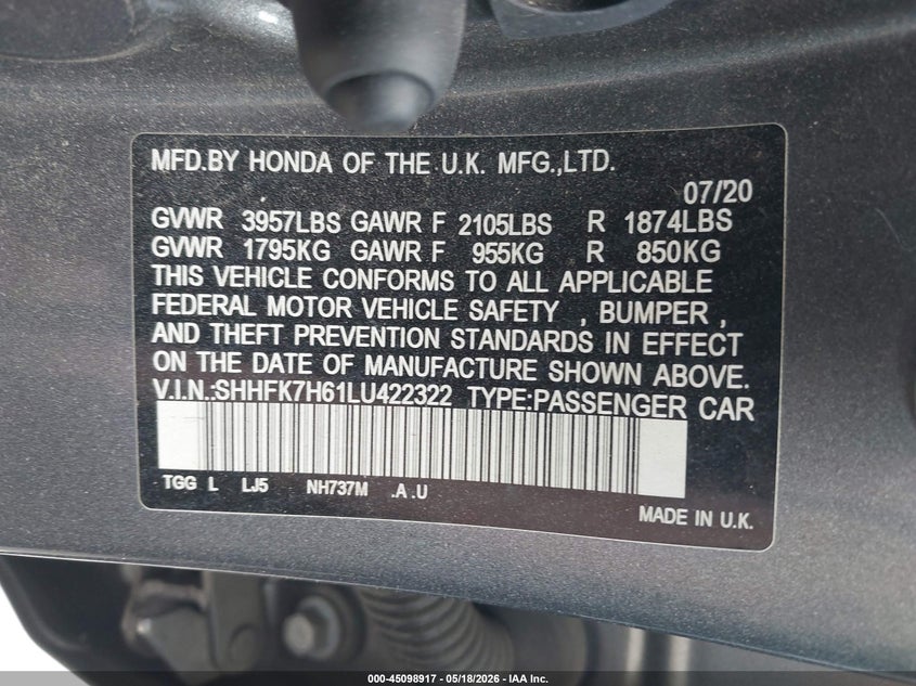 VIN SHHFK7H61LU422322 2020 HONDA CIVIC EX