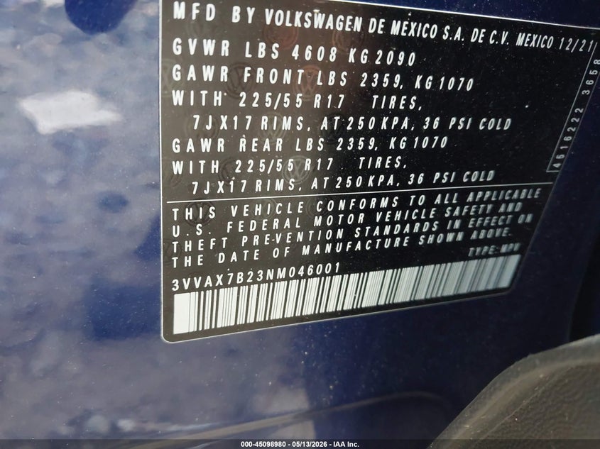 2022 Volkswagen Taos 1.5T S VIN: 3VVAX7B23NM046001 Lot: 45098980