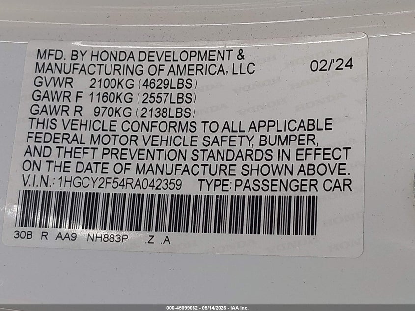 VIN 1HGCY2F54RA042359 2024 HONDA ACCORD HYBRID SPORT