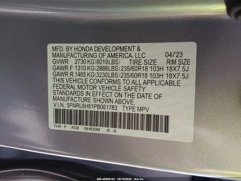 VIN 5FNRL6H61PB061783 2023 HONDA ODYSSEY EX-L