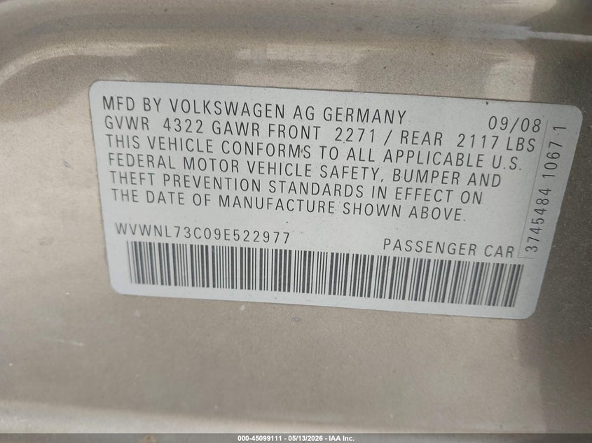 2009 Volkswagen Cc Sport VIN: WVWNL73C09E522977 Lot: 45099111