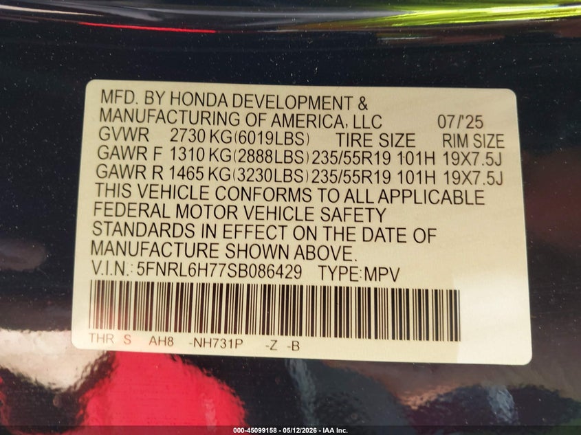 VIN 5FNRL6H77SB086429 2025 HONDA ODYSSEY SPORT-L