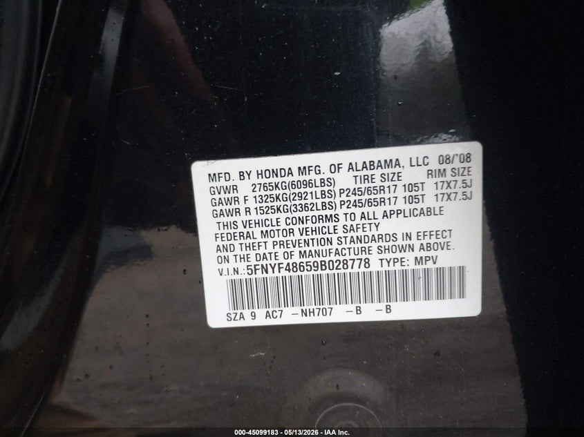 5FNYF48659B028778 2009 Honda Pilot 3.5 Ex-L Black