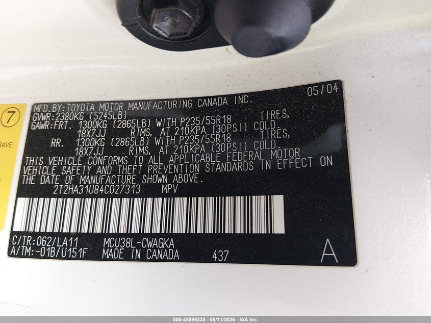 LEXUS RX 330 2004 VIN 2T2HA31U84C027313