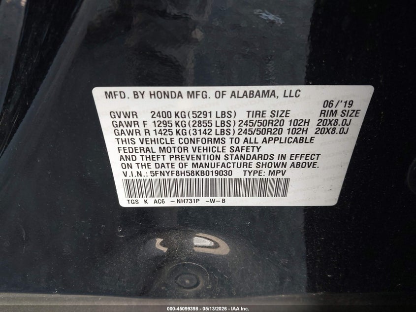 2019 Honda Passport Ex-L VIN: 5FNYF8H58KB019030 Lot: 45099398
