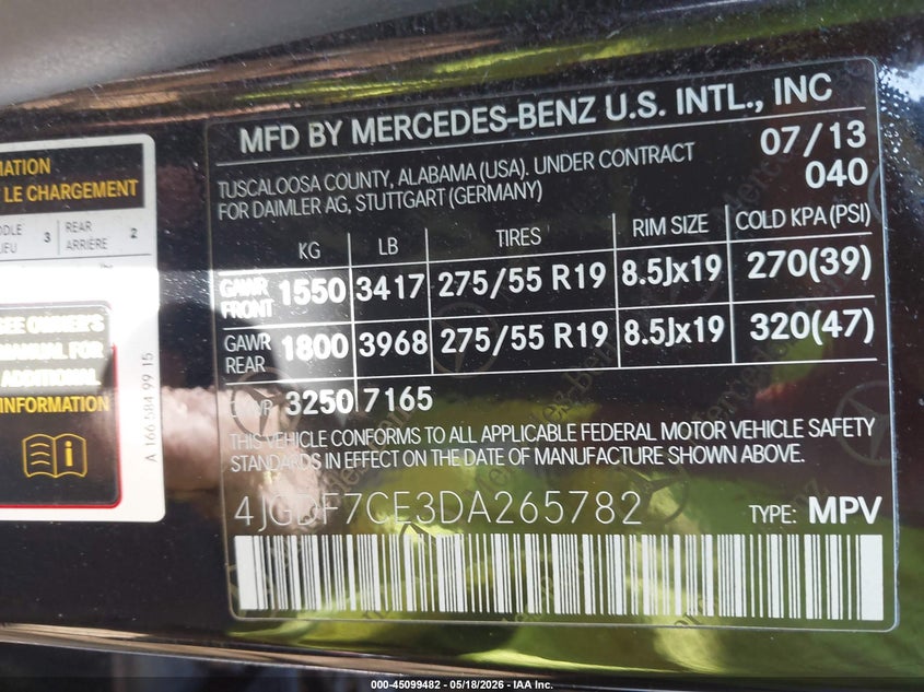 2013 Mercedes-Benz Gl 450 4Matic VIN: 4JGDF7CE3DA265782 Lot: 45099482