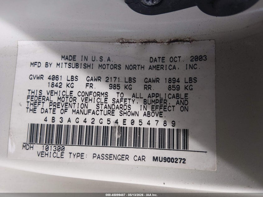 2004 Dodge Stratus Sxt VIN: 4B3AG42G54E054789 Lot: 45099487