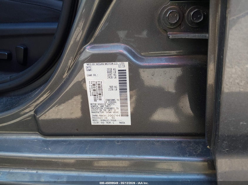 NISSAN ALTIMA 2019 VIN 1N4BL4BW5KC200744
