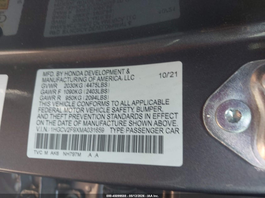 2021 HONDA ACCORD TOURING — Photo 9