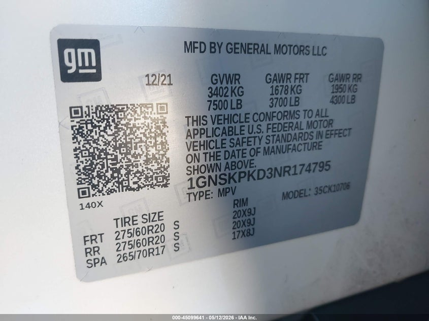 2022 Chevrolet Tahoe 4Wd Z71 VIN: 1GNSKPKD3NR174795 Lot: 45099641