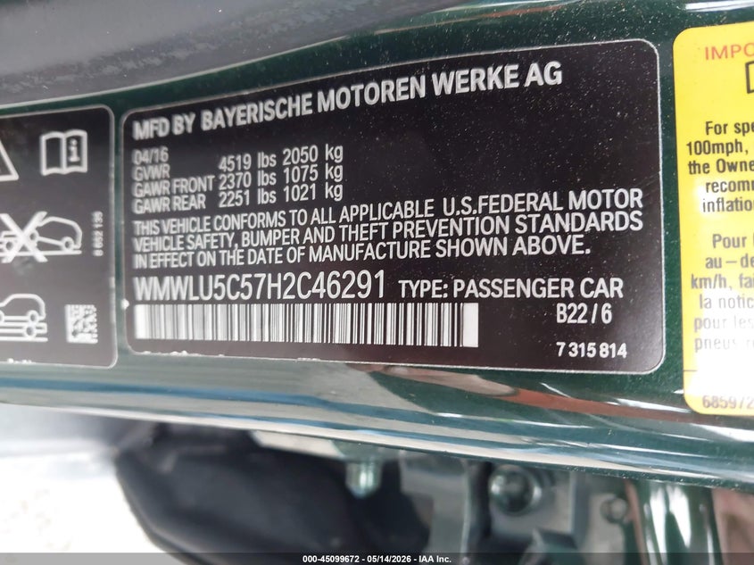 2017 Mini Clubman Cooper S VIN: WMWLU5C57H2C46291 Lot: 45099672