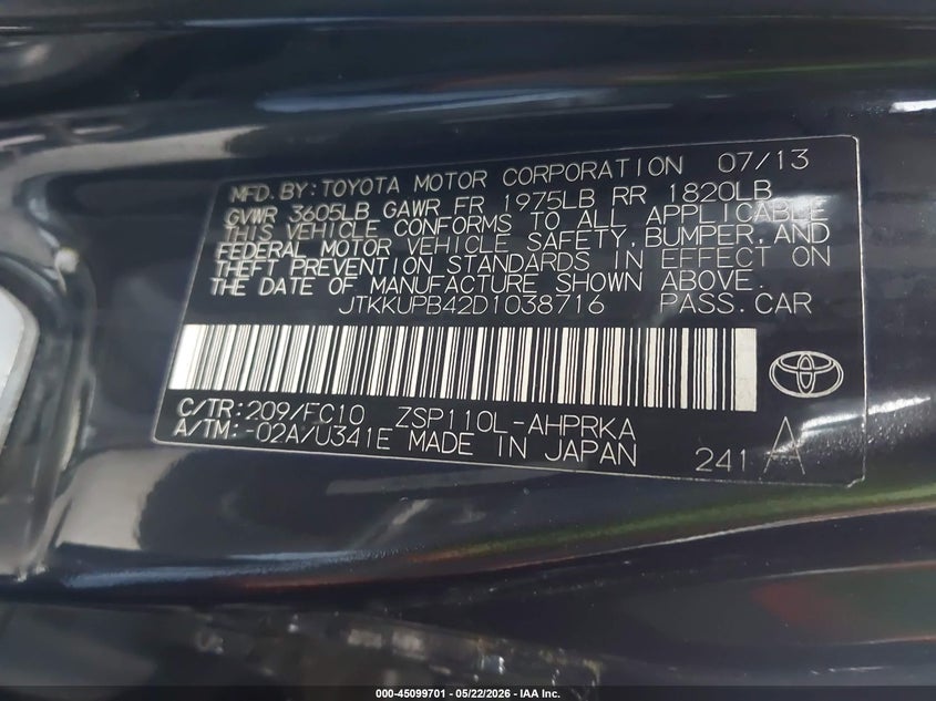 2013 Scion Xd VIN: JTKKUPB42D1038716 Lot: 45099701