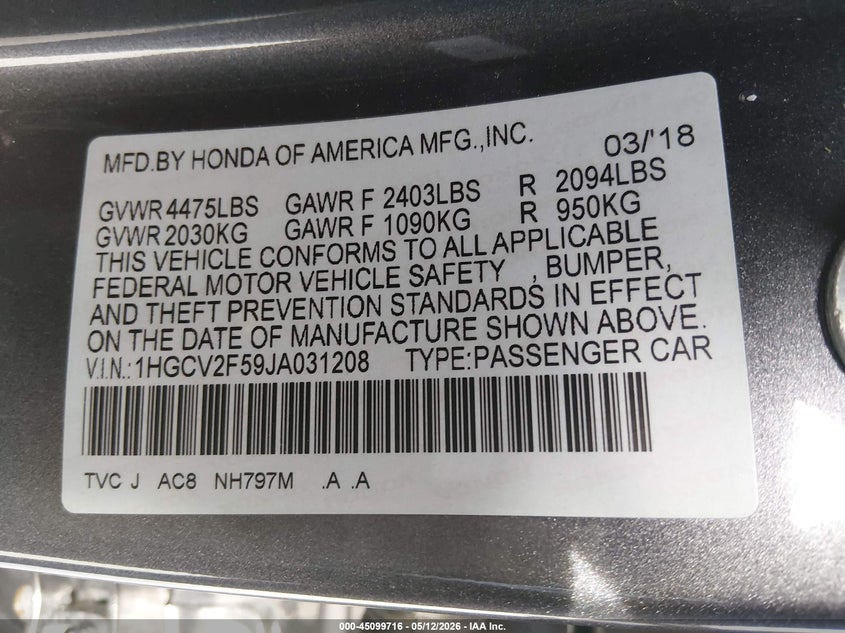 VIN 1HGCV2F59JA031208 2018 HONDA ACCORD EX-L 2.0T