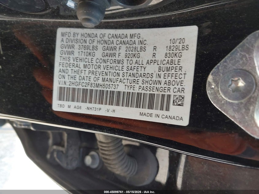 VIN 2HGFC2F83MH505737 2021 HONDA CIVIC SPORT