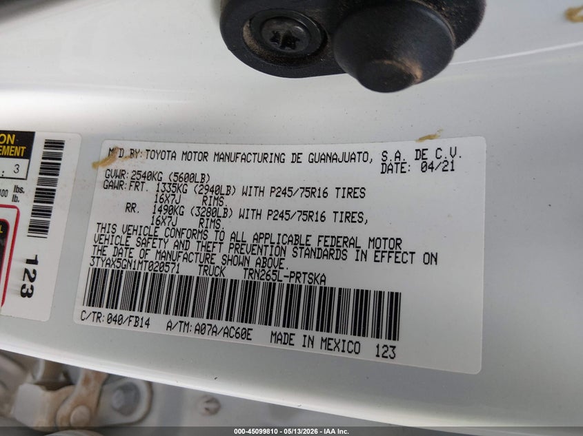 VIN 3TYAX5GN1MT020571 2021 TOYOTA TACOMA SR