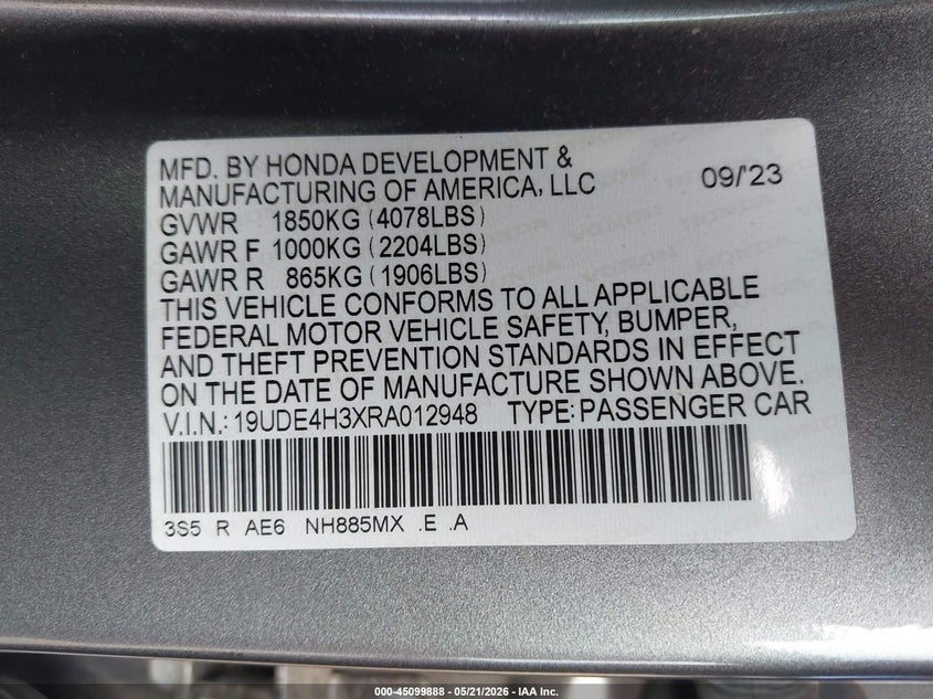2024 Acura Integra A-Spec VIN: 19UDE4H3XRA012948 Lot: 45099888