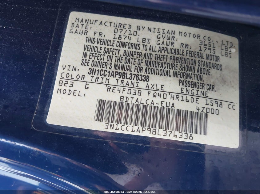 2011 NISSAN VERSA SEDAN 1.6L I-4 DOHC, VVT, 107HP