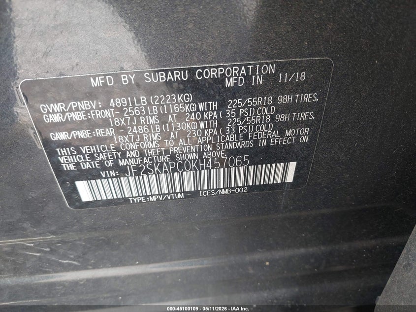 2019 Subaru Forester Sport VIN: JF2SKAPC0KH457065 Lot: 45100109