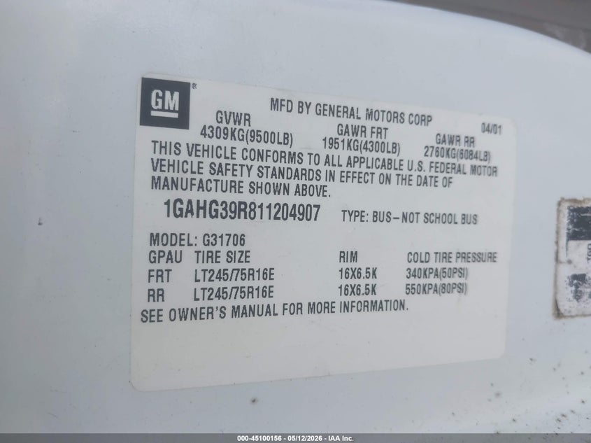 2001 Chevrolet Express VIN: 1GAHG39R811204907 Lot: 45100156
