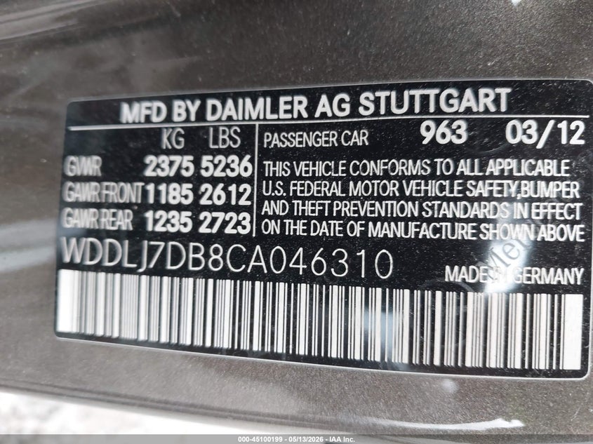 2012 Mercedes-Benz Cls 550 VIN: WDDLJ7DB8CA046310 Lot: 45100199