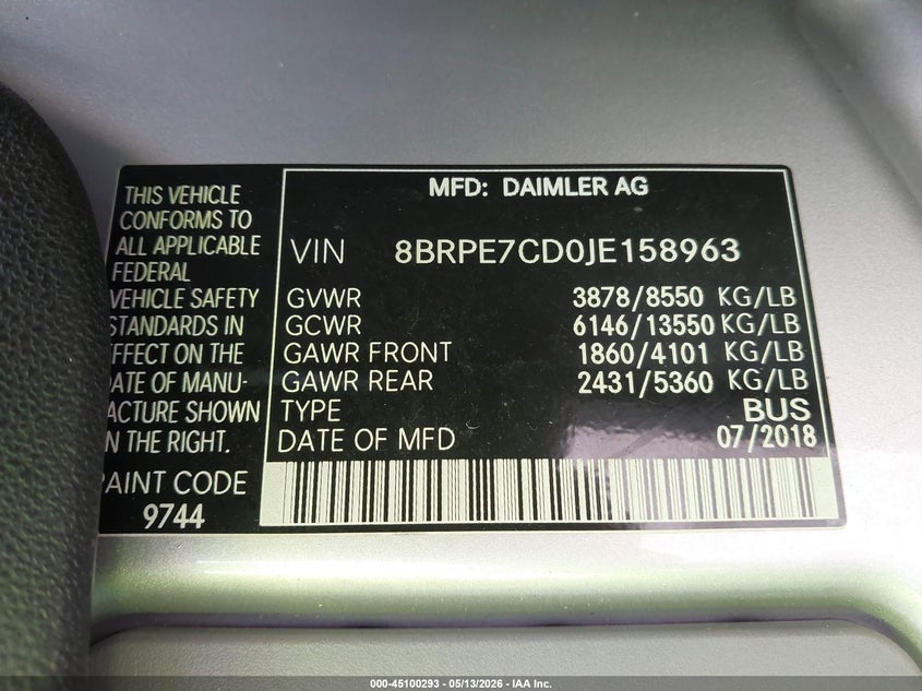 2018 Mercedes-Benz Sprinter 2500 Standard Roof V6 VIN: 8BRPE7CD0JE158963 Lot: 45100293