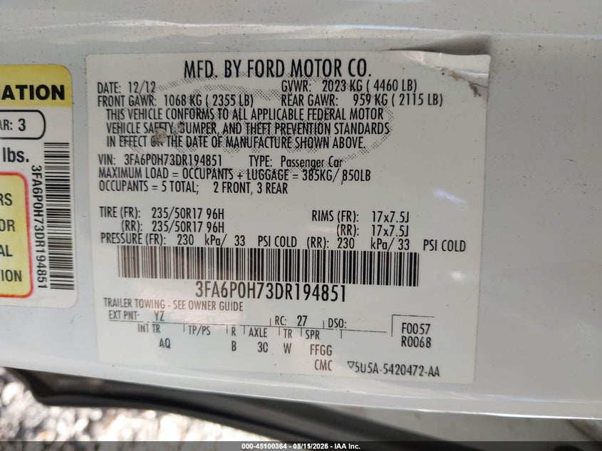 2013 FORD FUSION SEDAN 2.5L I-4 DOHC, VVT, 175HP