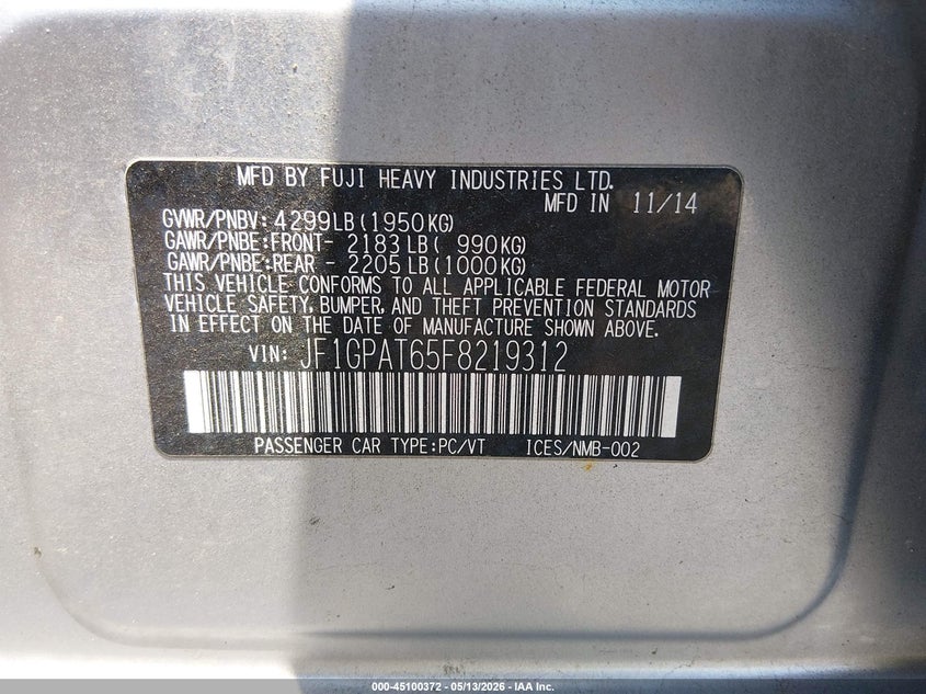 SUBARU IMPREZA 2015 VIN JF1GPAT65F8219312