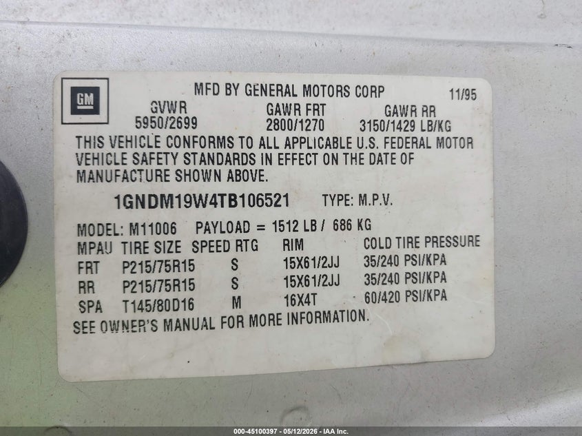1996 Chevrolet Astro VIN: 1GNDM19W4TB106521 Lot: 45100397