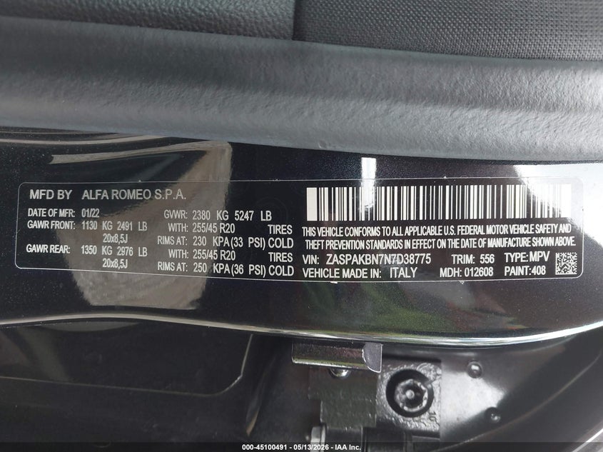2022 Alfa Romeo Stelvio Ti Awd VIN: ZASPAKBN7N7D38775 Lot: 45100491