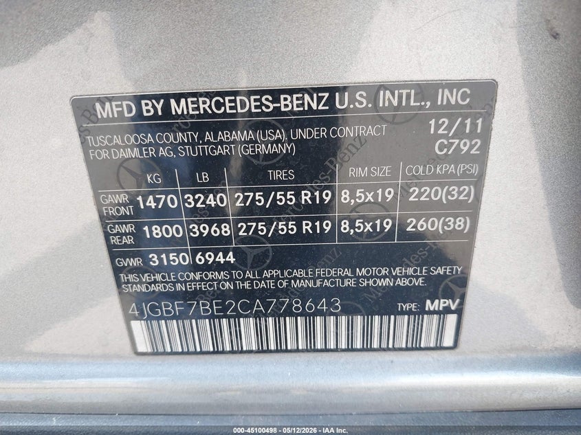 2012 Mercedes-Benz Gl 450 4Matic VIN: 4JGBF7BE2CA778643 Lot: 45100498