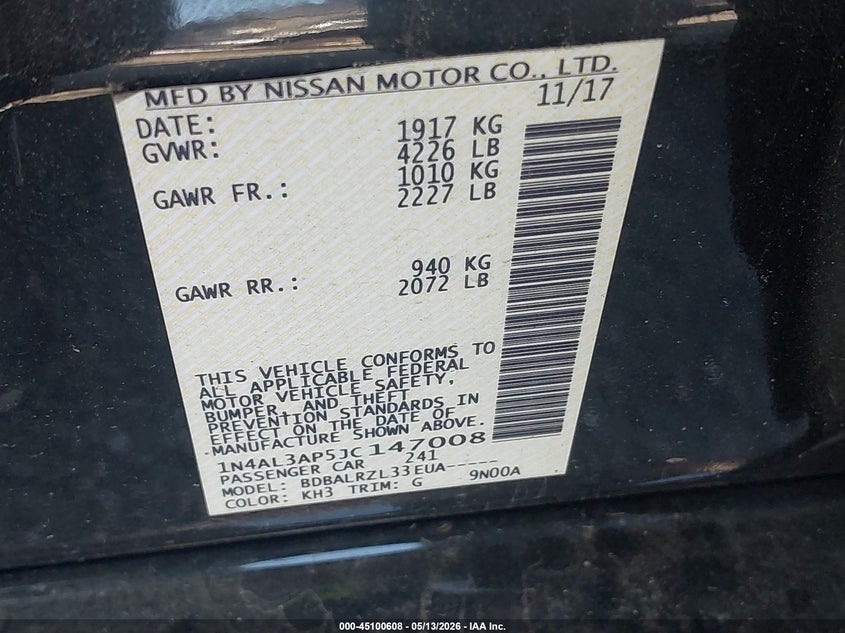 VIN 1N4AL3AP5JC147008 2018 NISSAN ALTIMA 2.5 SL
