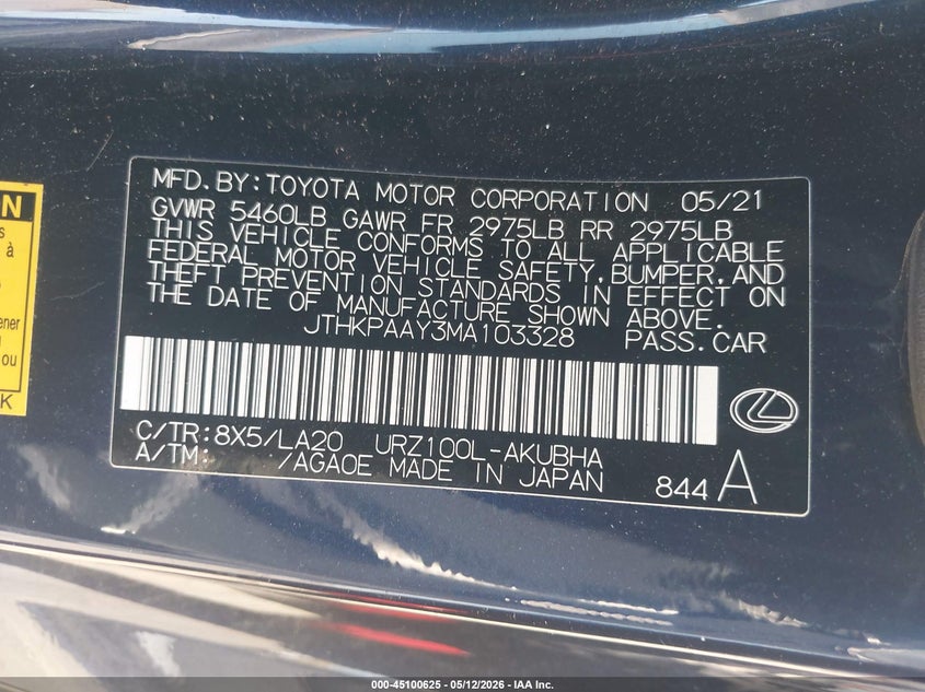2021 Lexus Lc 500 VIN: JTHKPAAY3MA103328 Lot: 45100625