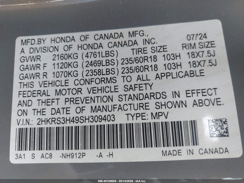 VIN 2HKRS3H49SH309403 2025 HONDA CR-V EX 2WD