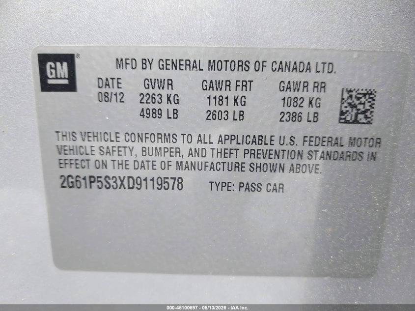 2013 Cadillac Xts Luxury VIN: 2G61P5S3XD9119578 Lot: 45100697