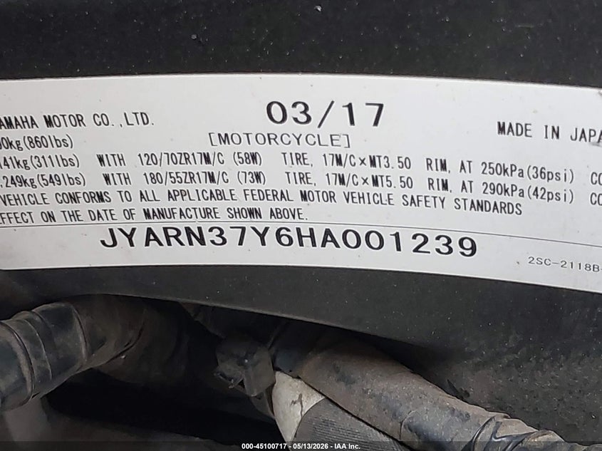 2017 Yamaha Fj09 C VIN: JYARN37Y6HA001239 Lot: 45100717