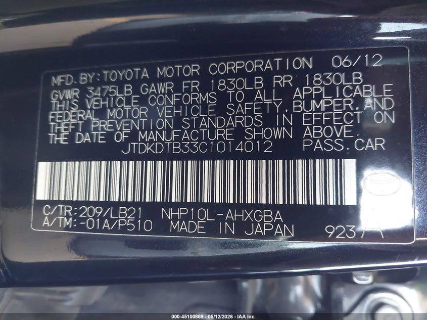 2012 Toyota Prius C Four VIN: JTDKDTB33C1014012 Lot: 45100869