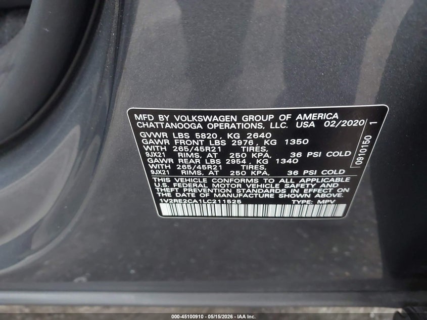 2020 Volkswagen Atlas Cross Sport 3.6L V6 Sel R-Line VIN: 1V2RE2CA1LC211525 Lot: 45100910
