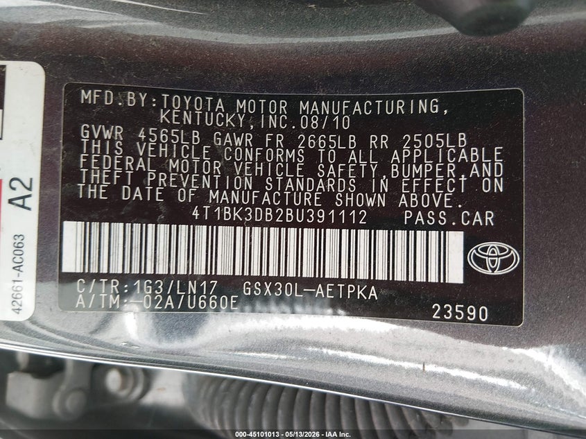 2011 Toyota Avalon Limited VIN: 4T1BK3DB2BU391112 Lot: 45101013