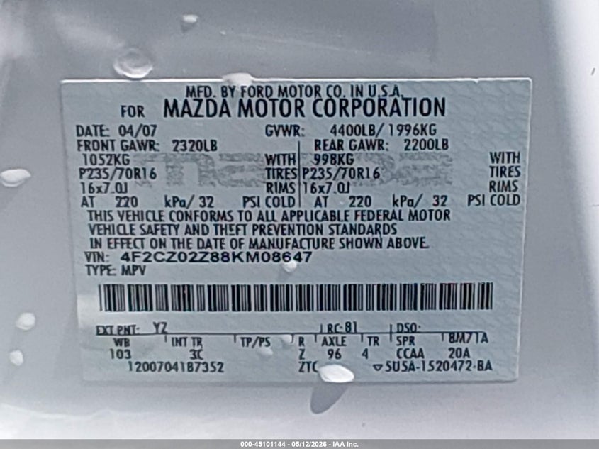 2008 Mazda Tribute I Sport VIN: 4F2CZ02Z88KM08647 Lot: 45101144