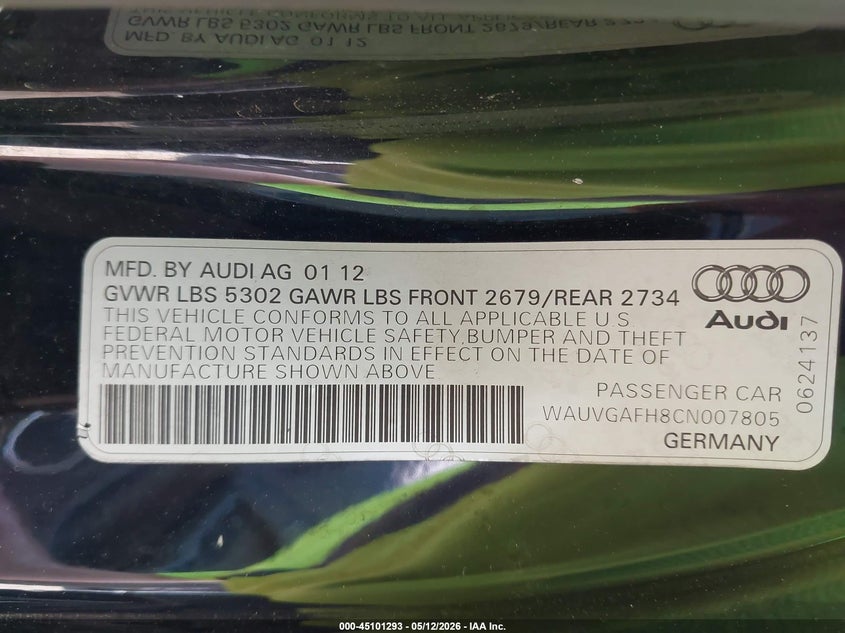 2012 Audi S5 3.0 Premium Plus VIN: WAUVGAFH8CN007805 Lot: 45101293