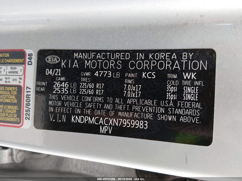 VIN KNDPMCACXN7959983 2022 KIA SPORTAGE LX