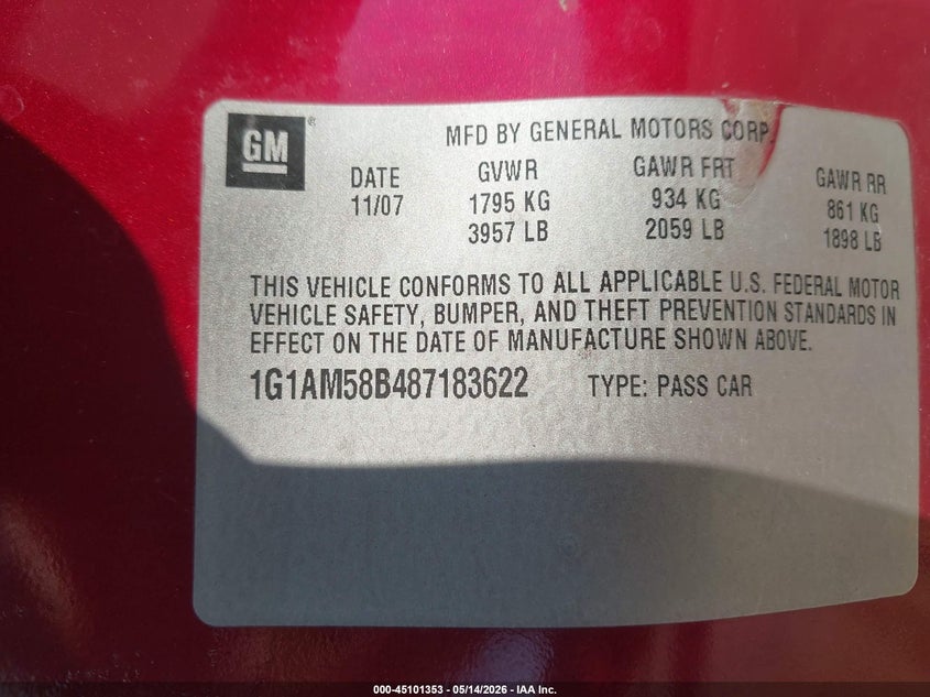 2008 Chevrolet Cobalt Sport VIN: 1G1AM58B487183622 Lot: 45101353