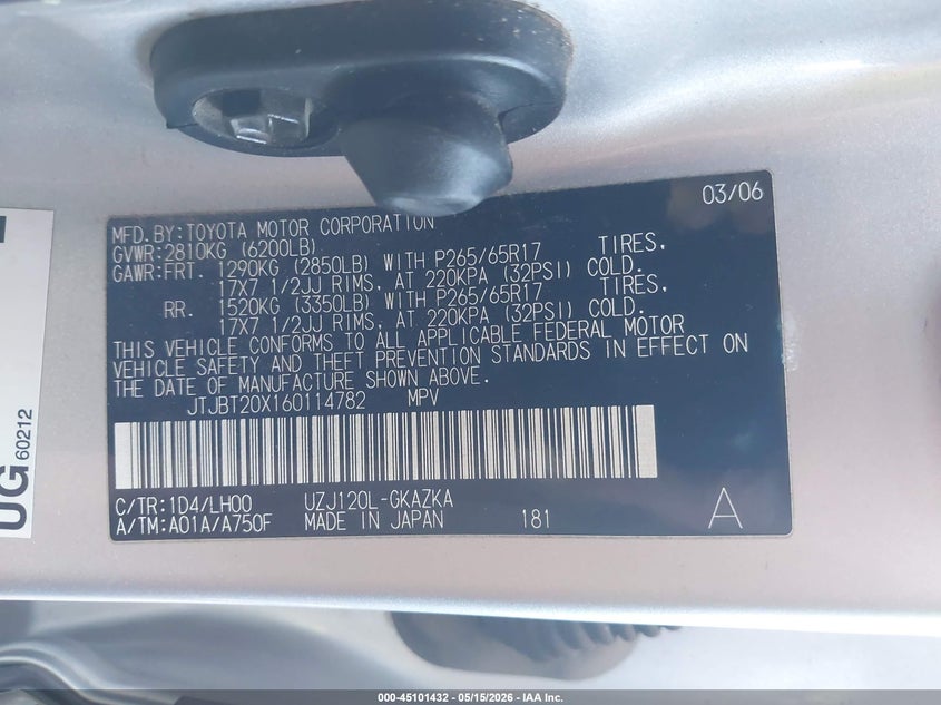 2006 Lexus Gx 470 VIN: JTJBT20X160114782 Lot: 45101432
