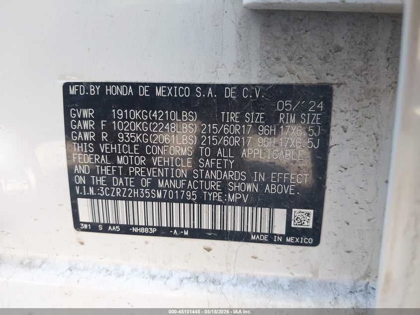 HONDA HR-V 2025 VIN 3CZRZ2H35SM701795